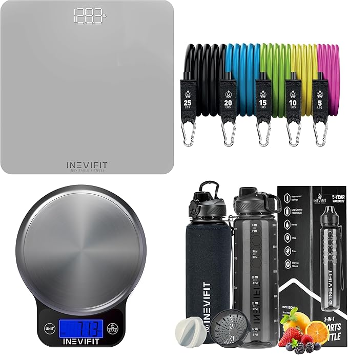 INEVIFIT Ultimate Health &amp Fitness Bundle - Premium Bathroom Scale Kitchen Scale Water Bottle &amp Resistance Band Set for Total Wellness