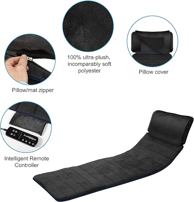 COMFIER Full Body Massage Mat with Heat &amp Vibration - 10 Motors App Control Movable Shiatsu Neck Pillow &amp 4 Heating Pads for Neck Shoulders Back Black