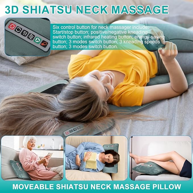 Full Body Massage Mat with Heat &amp Movable Shiatsu Neck Back Massager Pillow &amp Foot Massager Massage Mattress Pad with Top Pillow Lumbar Support 10 Vibration Motors 3 Heating Pads &amp 9 M