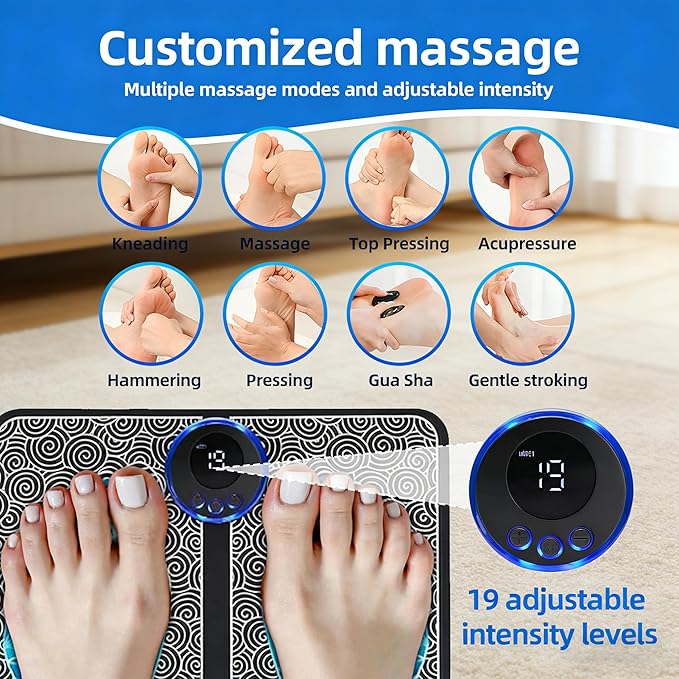 EMS Foot Massager for Pain Relief &amp Muscle Stimulation - 19 Intensity Levels 8 Modes with Wireless Remote | EMS Foot Plate Technology for Home/Office/Recovery Use (USB Rechargeable)