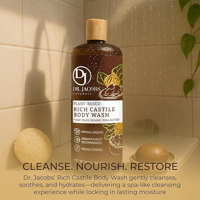 Dr. Jacobs Naturals Castile Shea Butter All-Natural Body Wash for Moisturizing Dry and Sensitive Skin with Plant-Based Ingredients with Pump - 32 Ounce