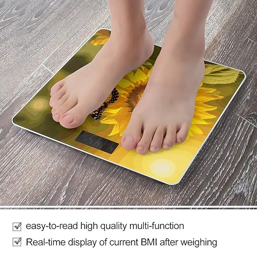 Sunflower Butterfly Sunny Scale with LCD Easy-to-Read Anti-Slip Weight Digital Bathroom Scale Precision Weighing Scales Sturdy Tempered Glass Body Weight Scales for Daily Use
