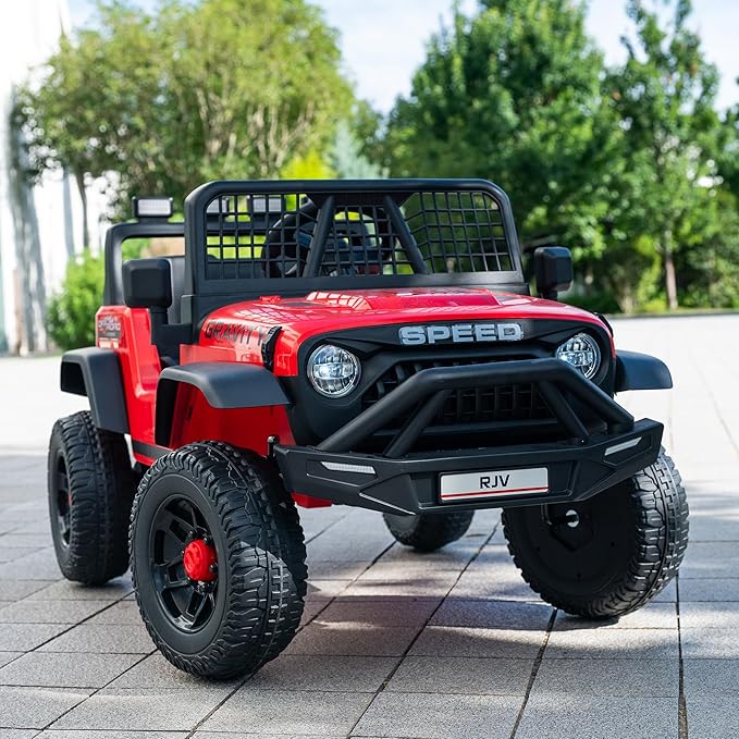 12V 7AH 4WD Kids Ride-On Truck Electric Off-Road Car with Remote &amp Pedal Control LED Lights Music USB Safety Belt 4-Wheel Suspension Adjustable Speeds Outdoor Gift for Boys Girls Red