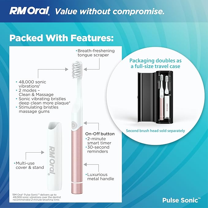 RM Oral Pulse Sonic Powered Toothbrush with 48000 Sonic Vibrations Metal Handle Soft Bristles Travel Case 2 Modes for Whitening &amp Plaque Removal 2-Minute Smart Timer Rose Gold