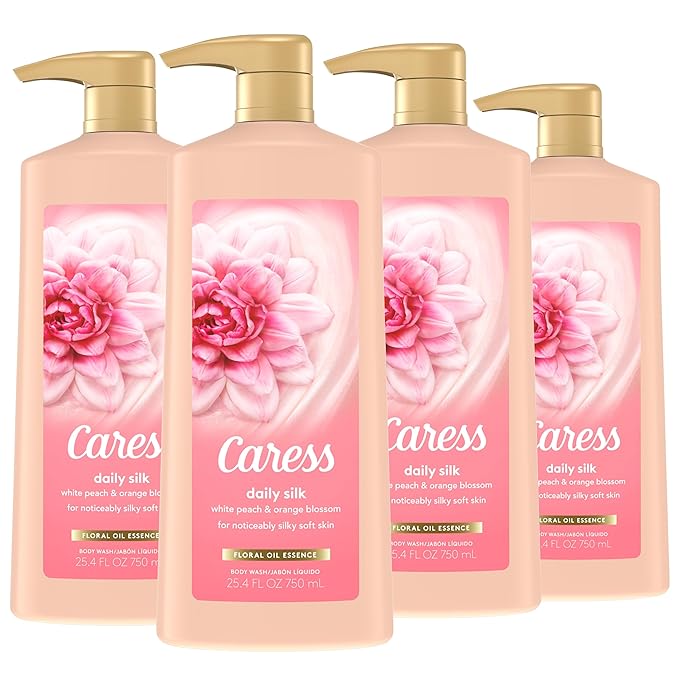 Caress Hydrating Body Wash with Pump Shower Gel For Soft Silky Skin Daily Moisture Body Wash With Silk Extract &amp Floral Oil Essence 25.4 Fl Oz (Pack of 4)