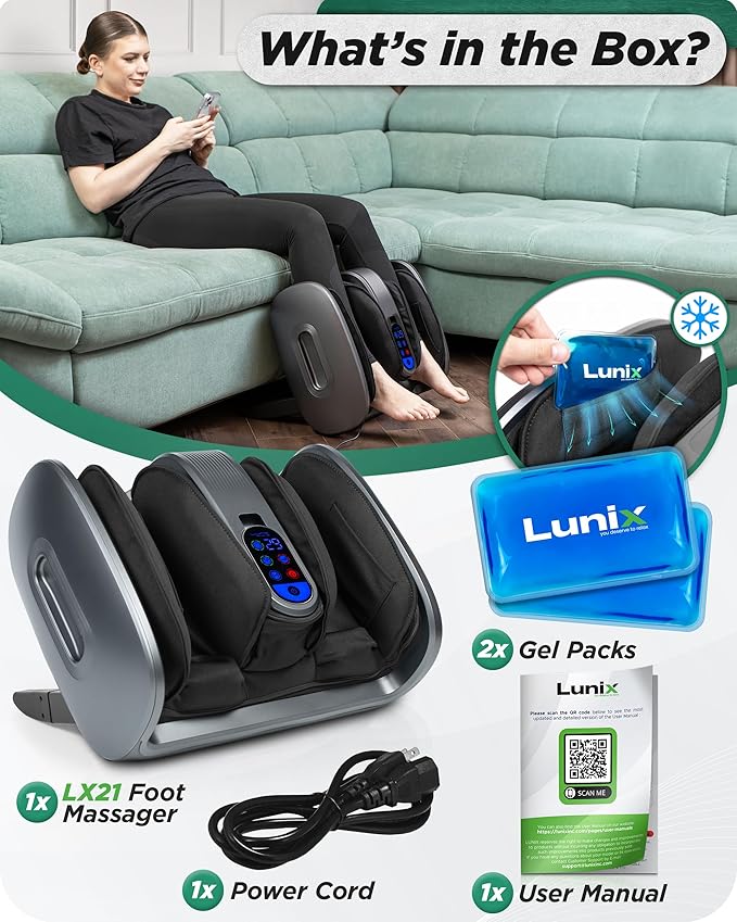 Lunix LX21 FSA Foot and Calf Massager with Remote Neuropathy &amp Plantar Fasciitis Relief Adjustable Leg Ankle Deep Kneading Shiatsu Therapy Blood Circulation Hot Cold Pockets Granite Gray
