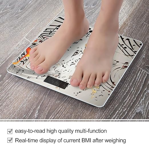 Music Notes Print Scale for Body Weight Anti-Slip Tempered Glass Digital Bathroom Scales Clear LCD Display Weighing Scale Safe Rounded Corners Smart Scales
