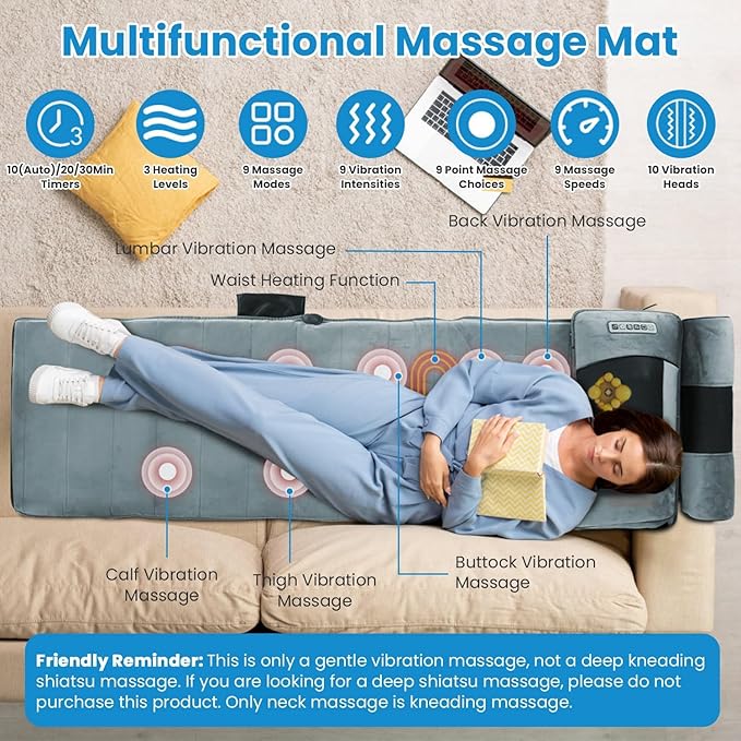 iMounTEK Electric Massage Mat Full Body Heating Vibration Massage Pad Cushion Back Mattress Chair Pad with Neck Foot Head Pillow and Cloth Lumbar Pillow Timer Anti-Slip Bottom/Grey