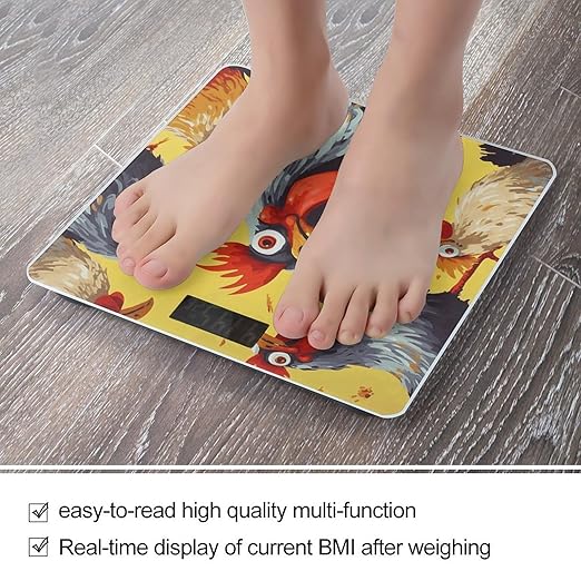 Art Chicken Painting Scale for Body Weight Safe Rounded Corners Tempered Glass Digital Bathroom Scale LED Display 400lb Capacity Weight Scales with High Precision Sensors