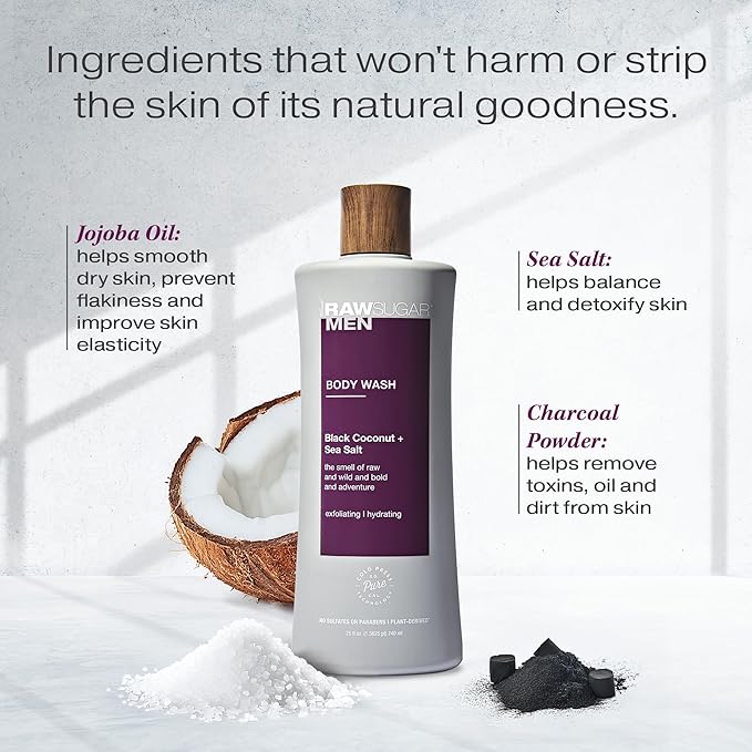RAW SUGAR 3-Pack Body Wash Men - Black Coconut + Sea Salt Exfoliating and Hydrating Body Wash Formulated without Parabens Cruelty Free and Vegan