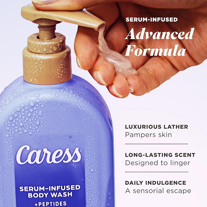 Caress Creamy Coconut Moisturizing Body Wash with Pump Serum-Infused Formula with Peptides &amp Collagen Fruity Tropical Long Lasting Fragrance Dermatologist Tested 20 fl oz (4 Pack)