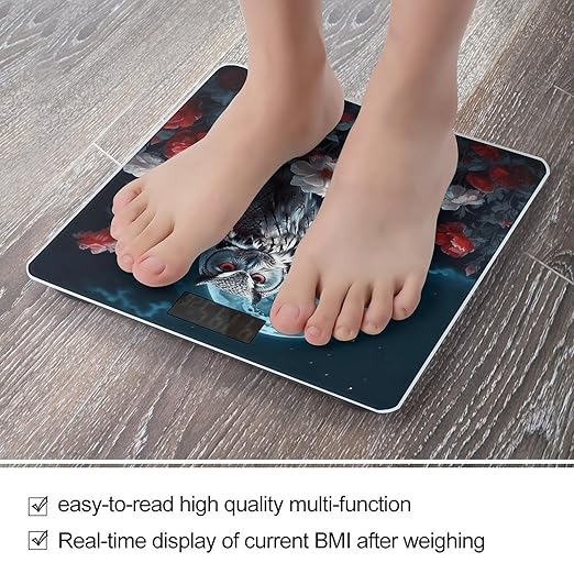 Owl Among Flowers at Night Scale for Body Weight Anti-Slip Tempered Glass Digital Bathroom Scales Clear LCD Display Weighing Scale Safe Rounded Corners Smart Scales