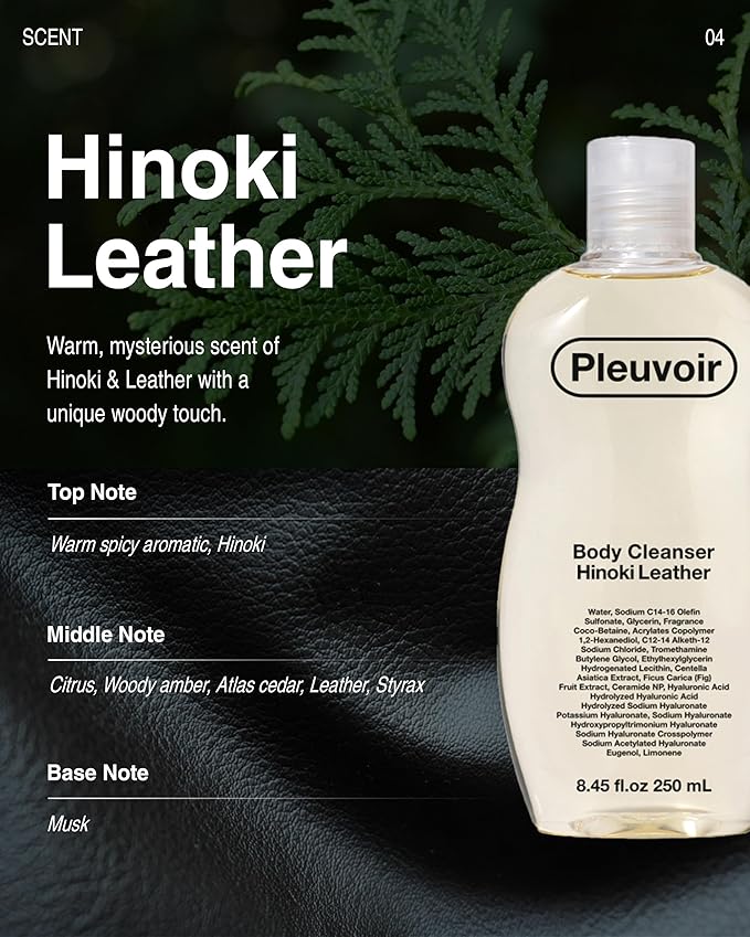 Pleuvoir Hinoki Leather Perfume Body Wash - French MANE × Japanese Cypress (Cedar &amp Musk) Unisex Woody Shower Gel Rich Moisturizing Foam with 8 Types Hyaluronic Acid Ceramides 8.45 fl.oz