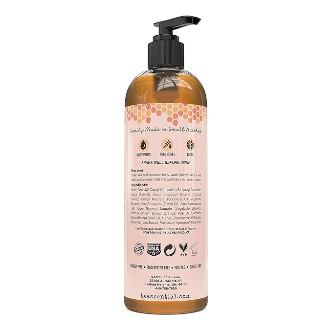 Beessential Natural Body Wash Sweet Orange Sulfate-Free Bath and Shower Gel with Essential Oils for Men &amp Women 16 oz