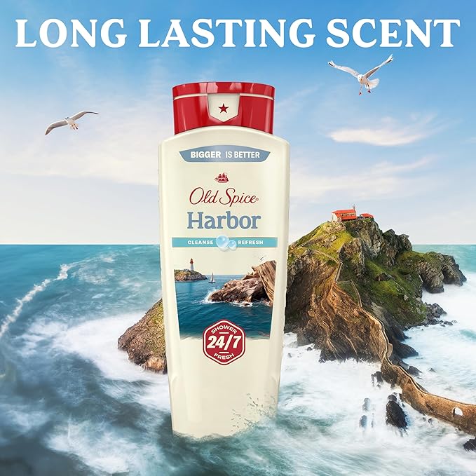 Old Spice Cleansing Body Wash for Men 24/7 Shower Fresh with Lasting Scent Cleanse &amp Refresh Gentle on Skin Vitamin B3 Harbor with Coastal Breeze + Driftwood Scent 18 oz (Pack of 4)
