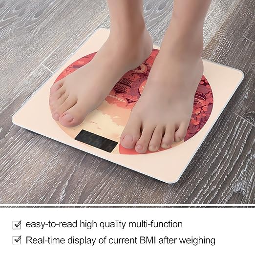 Chinese Architectural Patterns Bathroom Scale Automatic Power On/Off Body Scales LCD Backlight Display Square Digital Scale Rounded Corners Bathroom Scales for Home Bedrooms