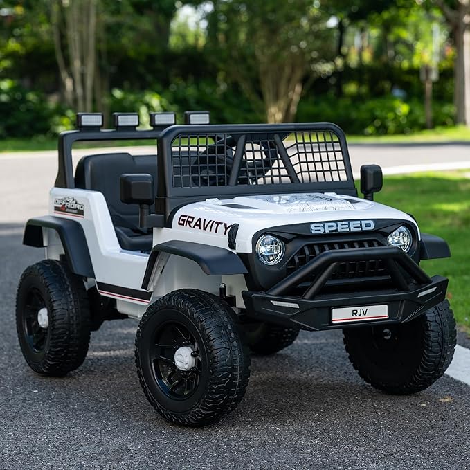 12V 7AH 4WD Kids Ride-On Truck Electric Off-Road Car with Remote &amp Pedal Control LED Lights Music USB Safety Belt 4-Wheel Suspension Adjustable Speeds Outdoor Gift for Boys Girls White