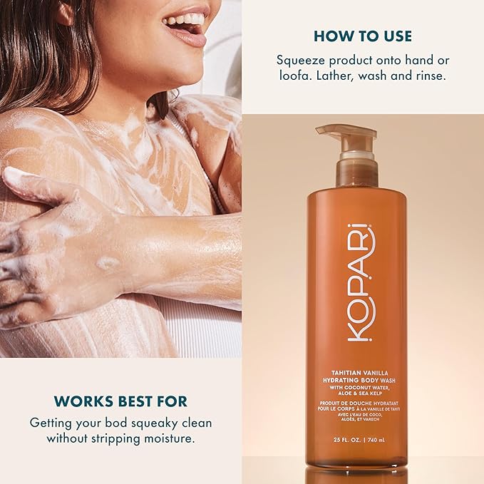 Kopari Jumbo Tahitian Vanilla Hydrating Body Wash | 25 oz Gel-Based Body Cleanser with Coconut Water Aloe &amp Sea Kelp | Rich Lather Signature Coconut Milk Scent