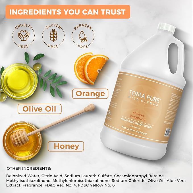 Terra Pure Wild Citrus Gallon Hand &amp Body Wash – Refill Jug for Hotels Vacation Rentals Guest Homes Spas Gyms | Bulk Liquid Soap Toiletries | No Color Added | For Sensitive Skin &amp Daily Us