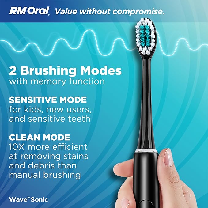 RM Oral Wave Sonic Battery-Operated Toothbrush with Soft Bristles &amp Travel Case 56000 Sonic Vibrations for Clean &amp Sensitive Whitening &amp Plaque Removal 2-Minute Timer Black
