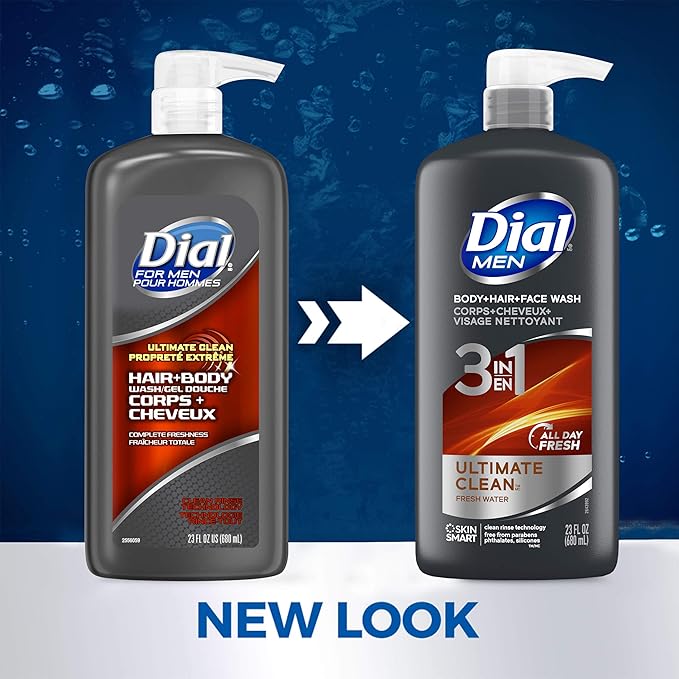 Dial Men 3in1 Body Hair and Face Wash Ultimate Clean 69 fl oz (3-23 fl oz Bottles) &amp Men 3in1 Body Hair and Face Wash Recharge 69 fl oz (3-23 fl oz Bottles)