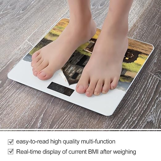 Old Wooden Barn with Rusted Tractor Digital Bathroom Scale for Body Weight with High Precision Digital Weighing Scale with BMI Clear LCD Display and Step-On Measures Weight Up to 180kg