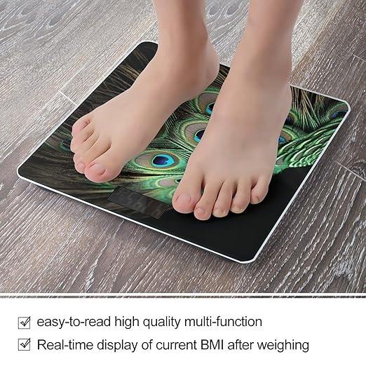 Green Peacock Feather Weight Scale Large Bathroom Scales Digital Weight with Bright LED Display Non Slip Automatic Weighing Scale Fashion Weighing Machine for Body