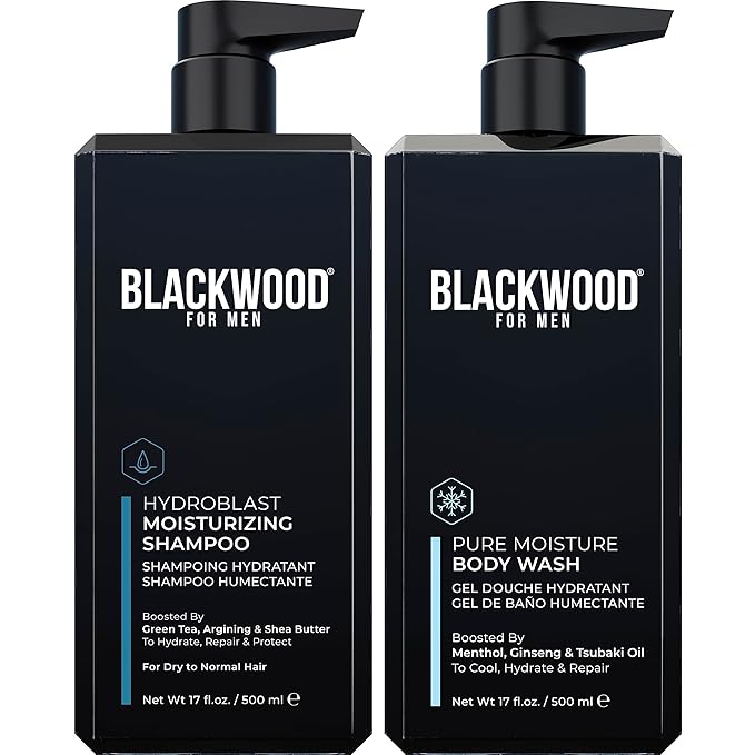 Blackwood For Men Hydroblast Moisturizing Shampoo &amp Pure Moisture Body Wash - Vegan Nourishing Hair &amp Skin Duo with Ginseng Ginger &amp Menthol - Sulfate Paraben &amp Cruelty-Free (17 Oz