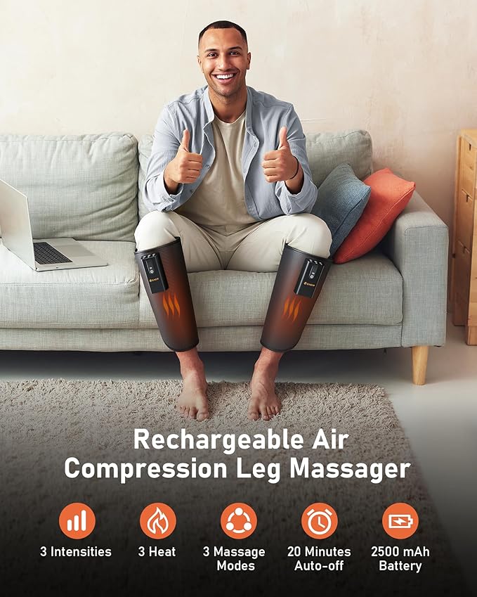 QUINEAR Cordless Calf Massager with Heat and Compression Leg Massager for Circulation and Pain Relief Portable Leg Massager with 3 Intensities &amp 3 Modes Fast Recovery for Swelling RLS