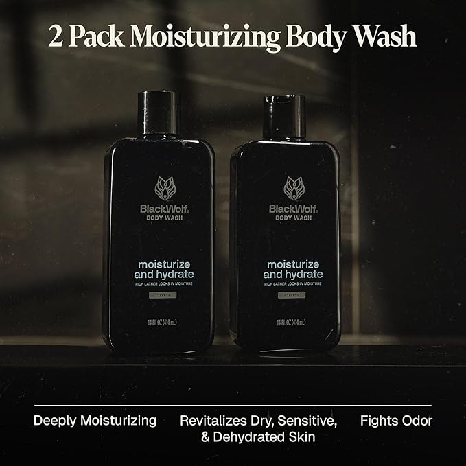 Black Wolf 2-Pack Moisturizing Body Wash Bundle - Mens Hydrating Bodywash for Dry Dehydrated &amp Sensitive Skin - Hyaluronic Acid Aloe Vera &amp Jojoba Oil Body Cleanser Help Remove Oil &amp D