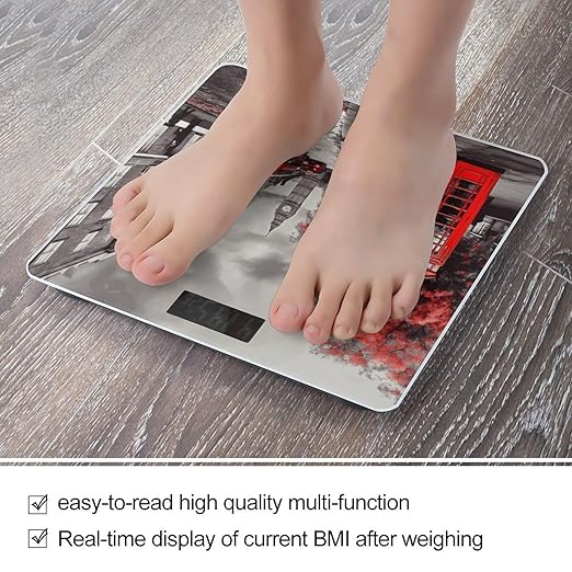 Red London Street Bathroom Scale for Body Weight Bathroom Weighing Scale with Backlit LCD Display Highly Accurate Measures Weight Up to 180kg