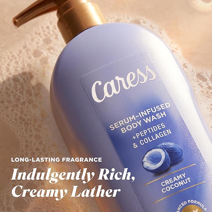 Caress Creamy Coconut Moisturizing Body Wash with Pump Serum-Infused Formula with Peptides &amp Collagen Fruity Tropical Long Lasting Fragrance Dermatologist Tested 20 fl oz (4 Pack)