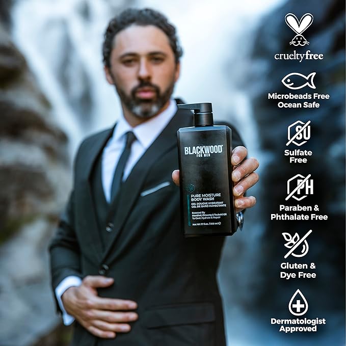 Blackwood For Men Pure Moisture Body Wash (17 oz) + Double Duty Beard &amp Body Scrubber Bundle - Natural Vegan Formula for Sensitive Skin and Workout Recovery - Dual-Sided Men's Shower Tool
