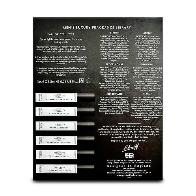 Pecksniff’s Men’s Fine Fragrance Gift Set – 6x10ml Eau de Toilette Collection – Luxury Cologne Sampler Designed in England
