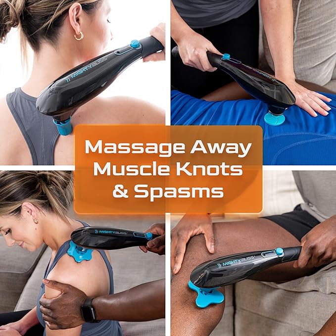 Mighty Bliss Deep Tissue And Back Massager Cordless Handheld Electric Percussion Muscle Massager Machine - Long Handle Full Body Therapy Massager For Neck Shoulder Back Leg Feet - 6 Heads Included