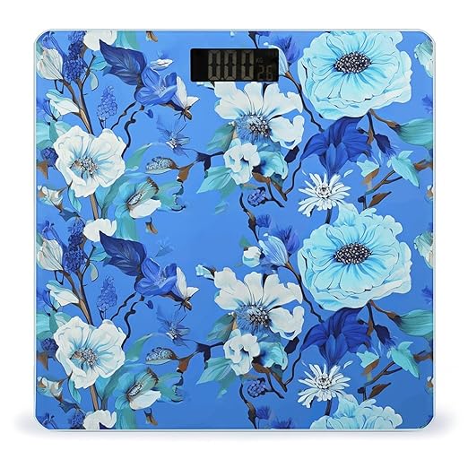 Blue Floral Bathroom Scale Automatic Power On/Off Body Scales LCD Backlight Display Square Digital Scale Rounded Corners Bathroom Scales for Home Bedrooms