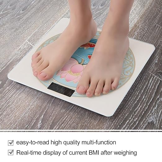 Goldfish and Lotus Mural Pattern Scale for Body Weight Sturdy Tempered Glass Weighing Scales with LCD Display Accurate Digital Bathroom Scale Convenient Body Fat Smart Scales Easy Read