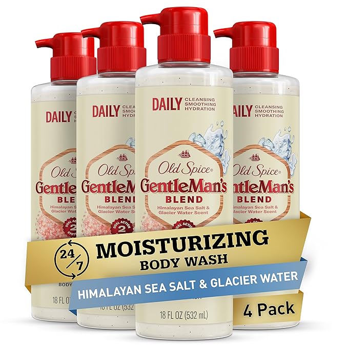 Old Spice GentleMan's Exfoliating &amp Moisturizing Body Wash for Men 24/7 Shower Fresh with Long Lasting Scent Renewing Vitamin B3 Blend Himalayan Sea Salt + Glacier Water Scent 18 oz (Pack of 4