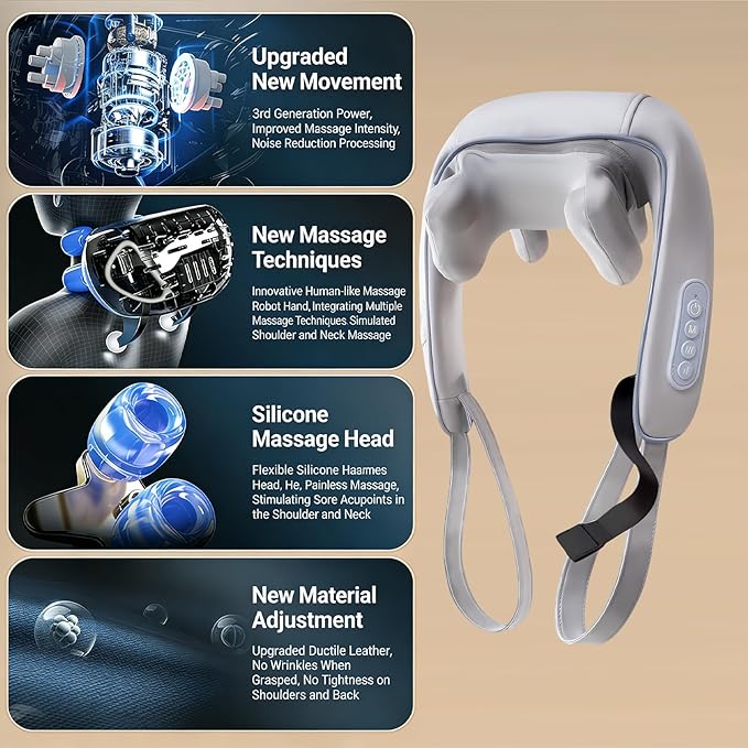 Neck Massager with Heat - Neck Massager for Pain Relief Deep Tissue with 6 Heads 3-Speed Electric Cordless 6D Deep Kneading Shoulder Massager Home Office Car Use Gifts for Men Women