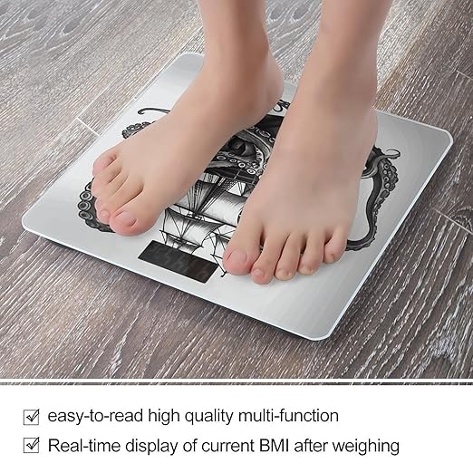 Black and White Octopus and Ship Bathroom Scale Weight Scale for Body WeightHighly Accurate Digital Weighing Machine Clear LED Display Digital Bathroom Body Scale 400lb/182kg