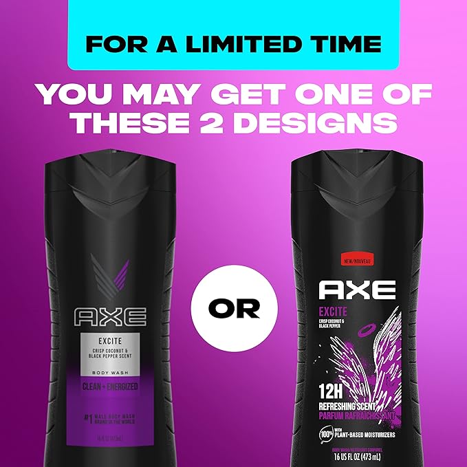 AXE Body Wash 4 Count 12h Refreshing Scent Excite Crisp Coconut &amp Black Pepper Men's Body Wash with 100% Plant-Based Moisturizers 16 oz