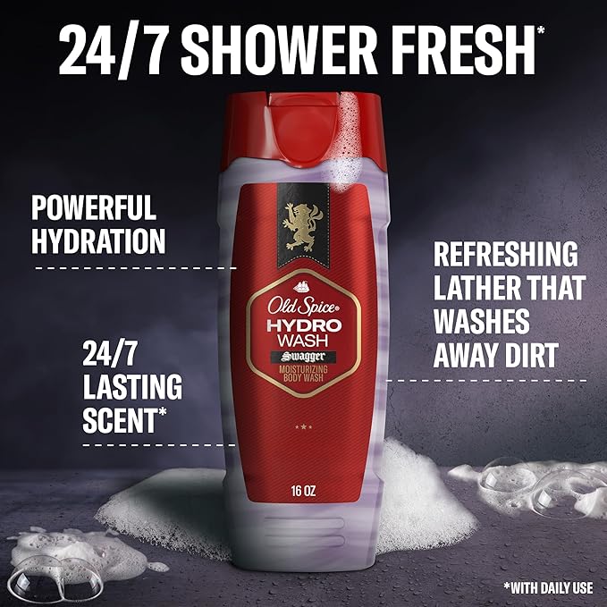 Old Spice Moisturizing Body Wash for Men Hydro Wash 2-in-1 Long Lasting Scent &amp Deep Hydration 24/7 Shower Fresh Smoother Swagger Scent 16 oz (Pack of 4)