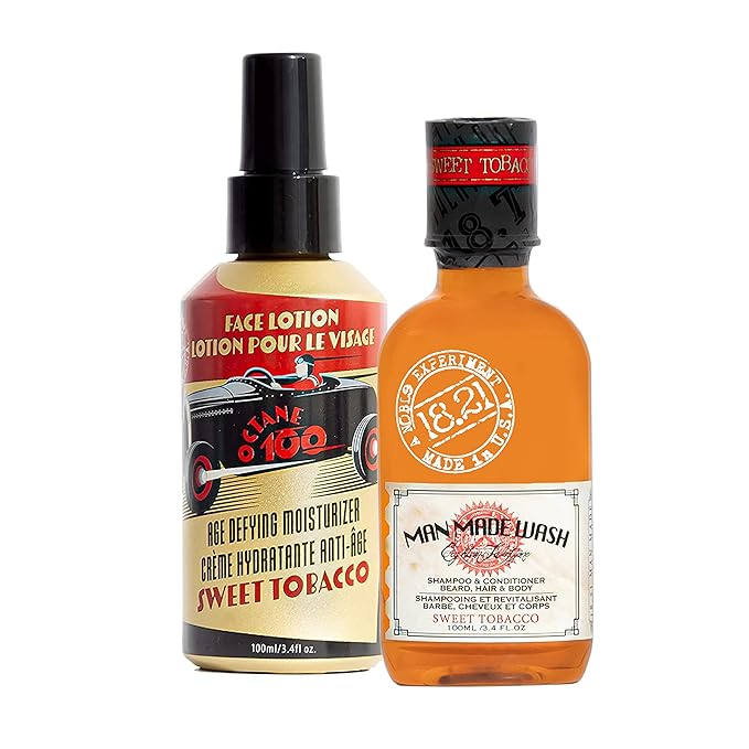18.21 Man Made Original Sweet Tobacco Scent 3-in-1 Body Wash and Octane 300 Face Lotion 2-Pack Bundle All Hair &amp Skin Types for Men Strengthens and Moisturizes in a Manly Aroma