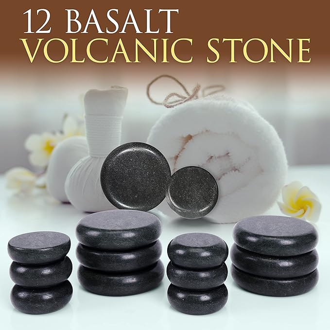 SereneLife Portable Massage Stone Warmer Set Electric Spa Hot Stones Massager and Heater Kit with 6 Large and 6 Small Round Shaped Basalt Warm Massaging Therapy Rocks Equipment