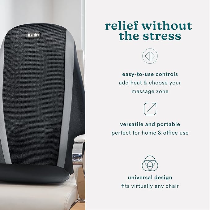 HoMedics Shiatsu Massage Cushion with Soothing Heat Deep-Kneading Massage Targets Pressure Points All Over Back Soothing Heat Relax Overworked Muscles Release Tension Reduce Back Pain