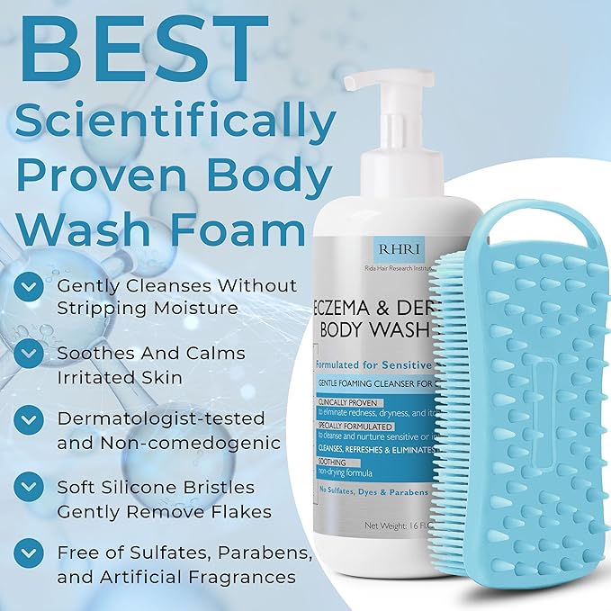Eczema Body Wash Sensitive Skin | Eczema Treatment | Foaming Cleanser For Eczema Prone Skin | Soothes Dryness &amp Itching Gentle On Dermatitis Sulfate-Free With Free Scrubber Brush