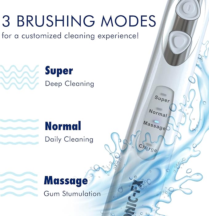 Sonic-FX Solo Electric Toothbrush w/ 10 Brush Heads + 1 Interdental Charcoal Bristles Rechargeable Charging/Storage Base 3 Brush Modes Smart Timer 2 Months Use on Full Charge White Color