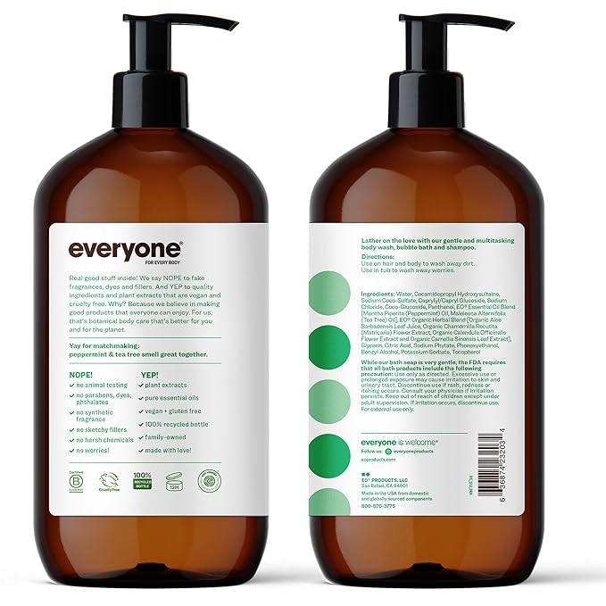 Everyone 3-in-1 Soap Body Wash Bubble Bath Shampoo 32 Ounce (Pack of 2) Peppermint Tea Tree made with Essential Oils for Men and Women