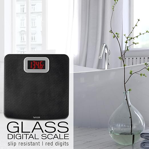 Taylor Digital Bathroom Scale Body Weight Scale 400 LB Capacity Carbon Fiber Anti-Slip Mat 11.8 x 11.8 Inch Platform Black