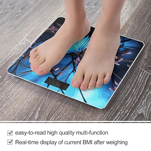 Blue Butterfly and Bamboo Bathroom Scale for Body Weight Bathroom Weighing Scale with Backlit LCD Display Highly Accurate Measures Weight Up to 180kg
